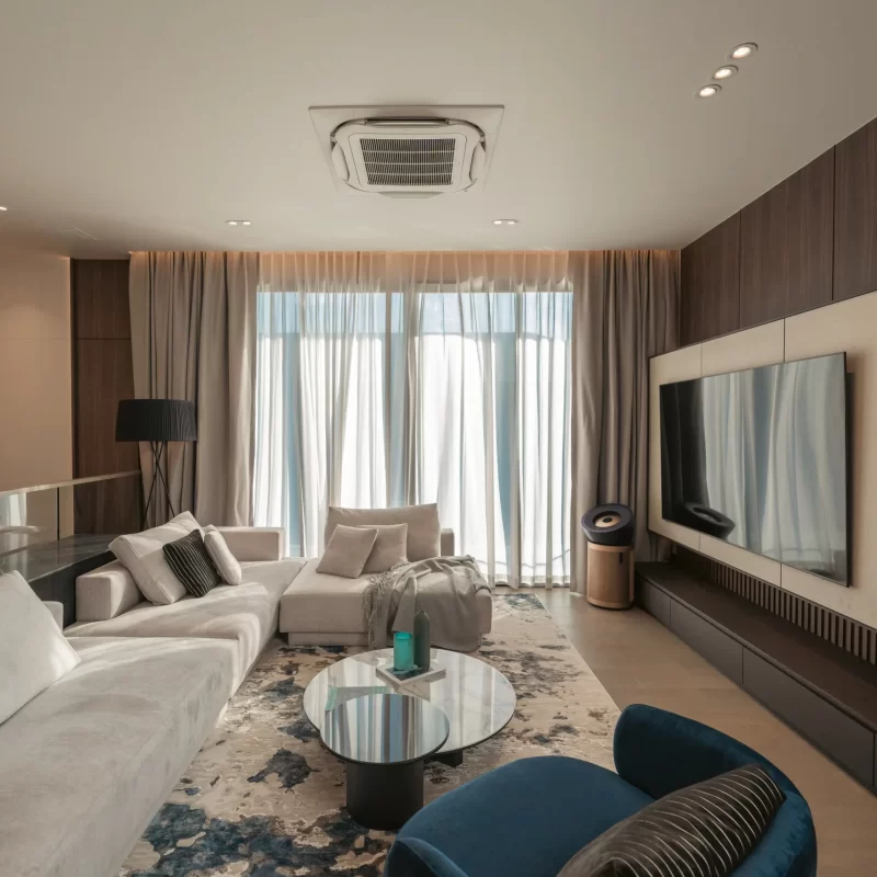 ห้องนั่งเล่นตกแต่งด้วย Soft Furnishings, ผ้าม่านสองชั้น Blackout และ Sheer